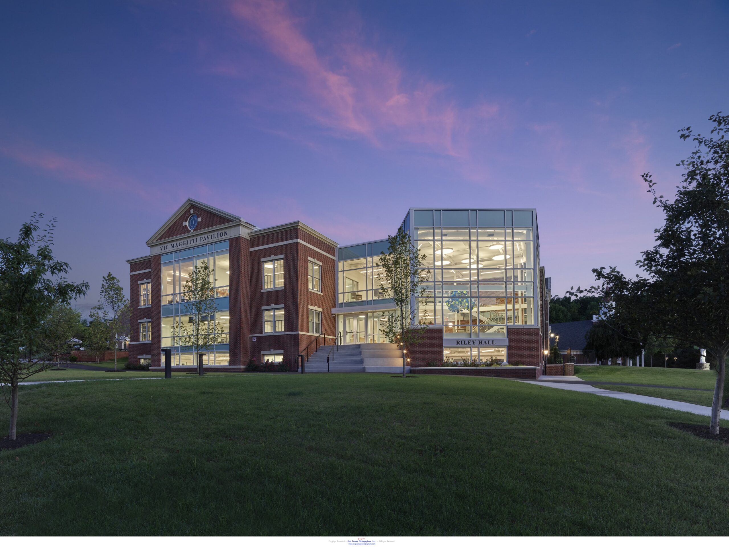 outdoor view of Maggitti Riley Pavillion with sunset