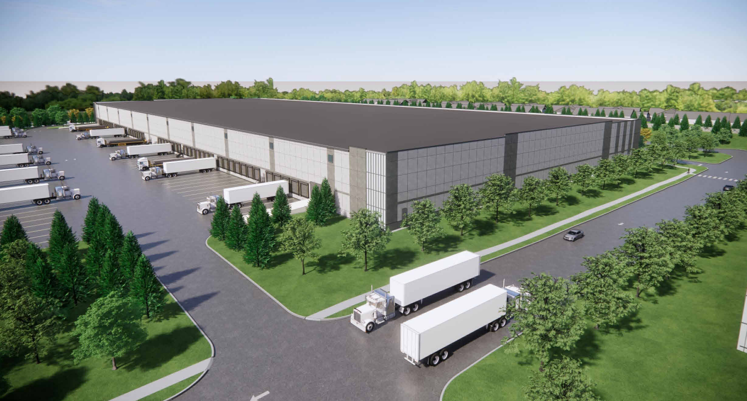 Rendering of large industrial warehouse with two semi trucks