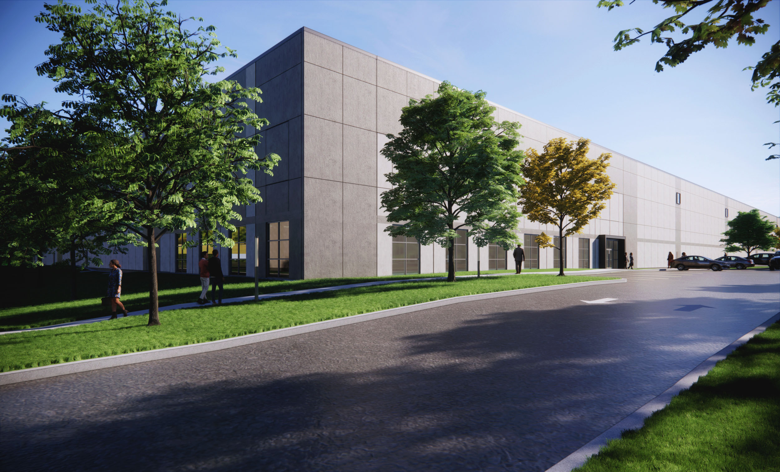 rendering of gray industrial building with trees surrounding it